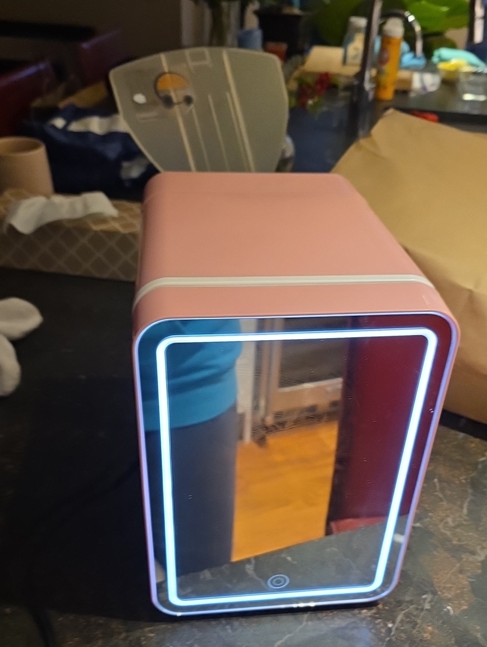 Portable Pink LED Lighted Vanity Mirror Refrigerator